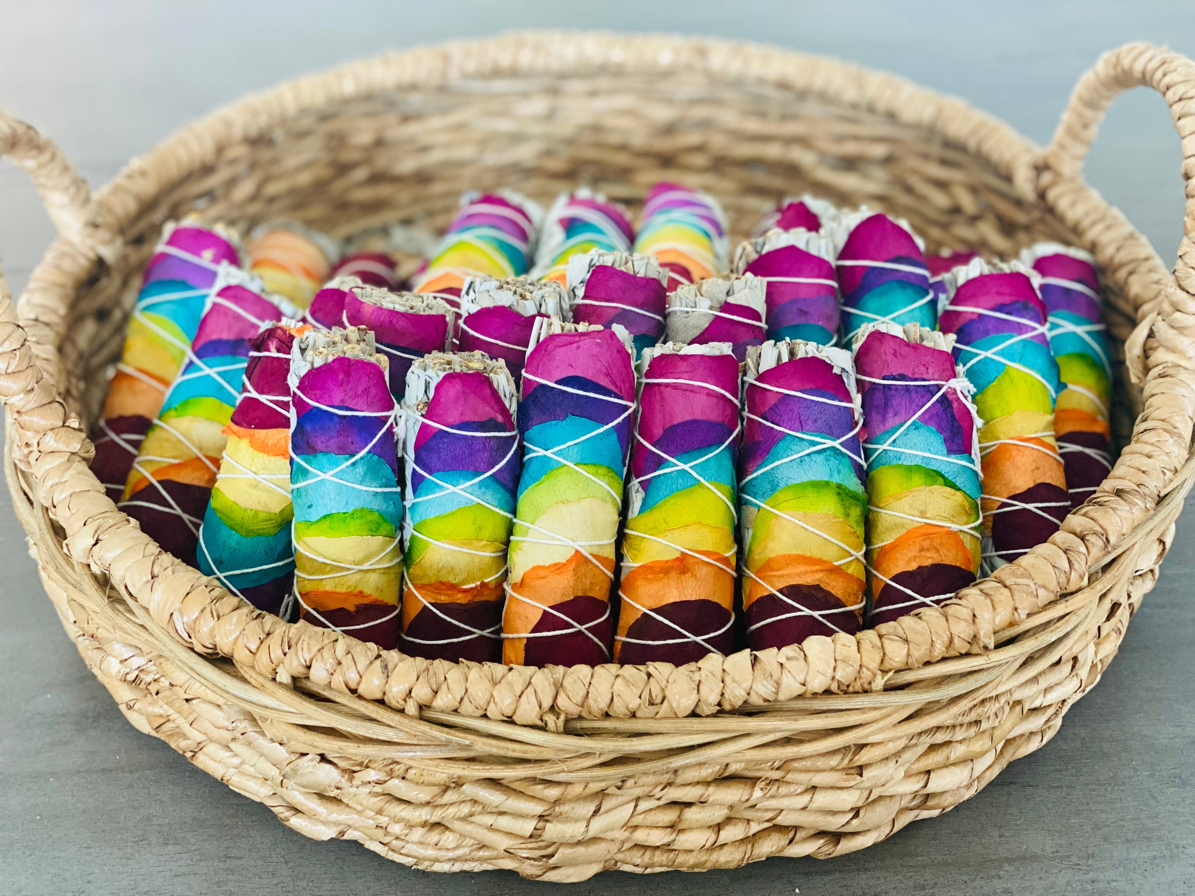 Rainbow Chakra White Sage Smudge Stick with Rose Petals | 4.5” Cleansing Sage