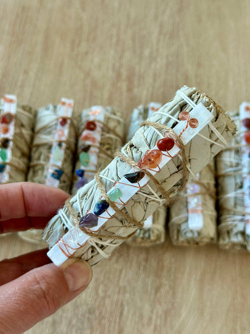 7 Chakra Selenite White Sage Smudge Stick | Chakra Crystal Cleansing Bundle