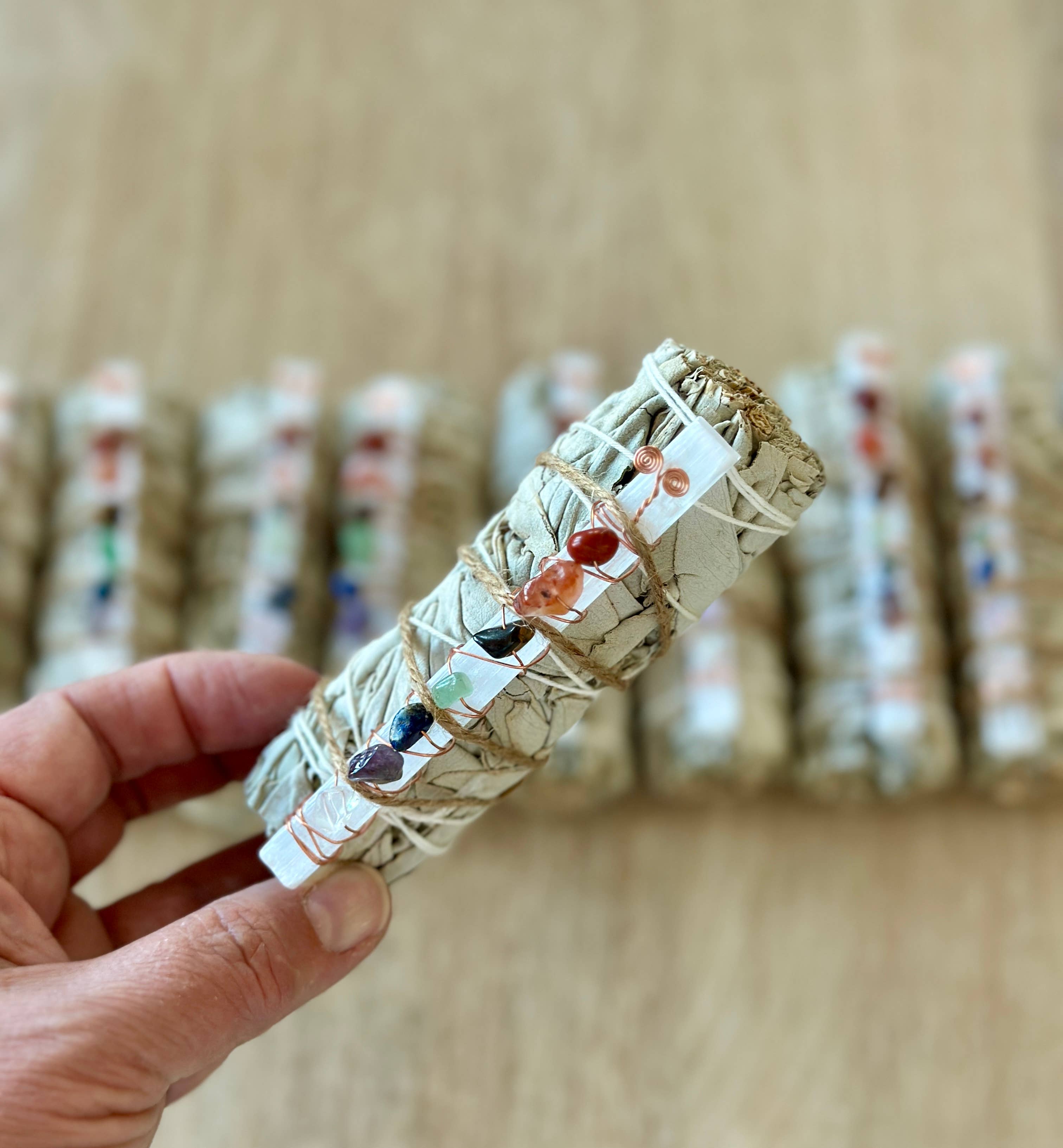 7 Chakra Selenite White Sage Smudge Stick | Chakra Crystal Cleansing Bundle