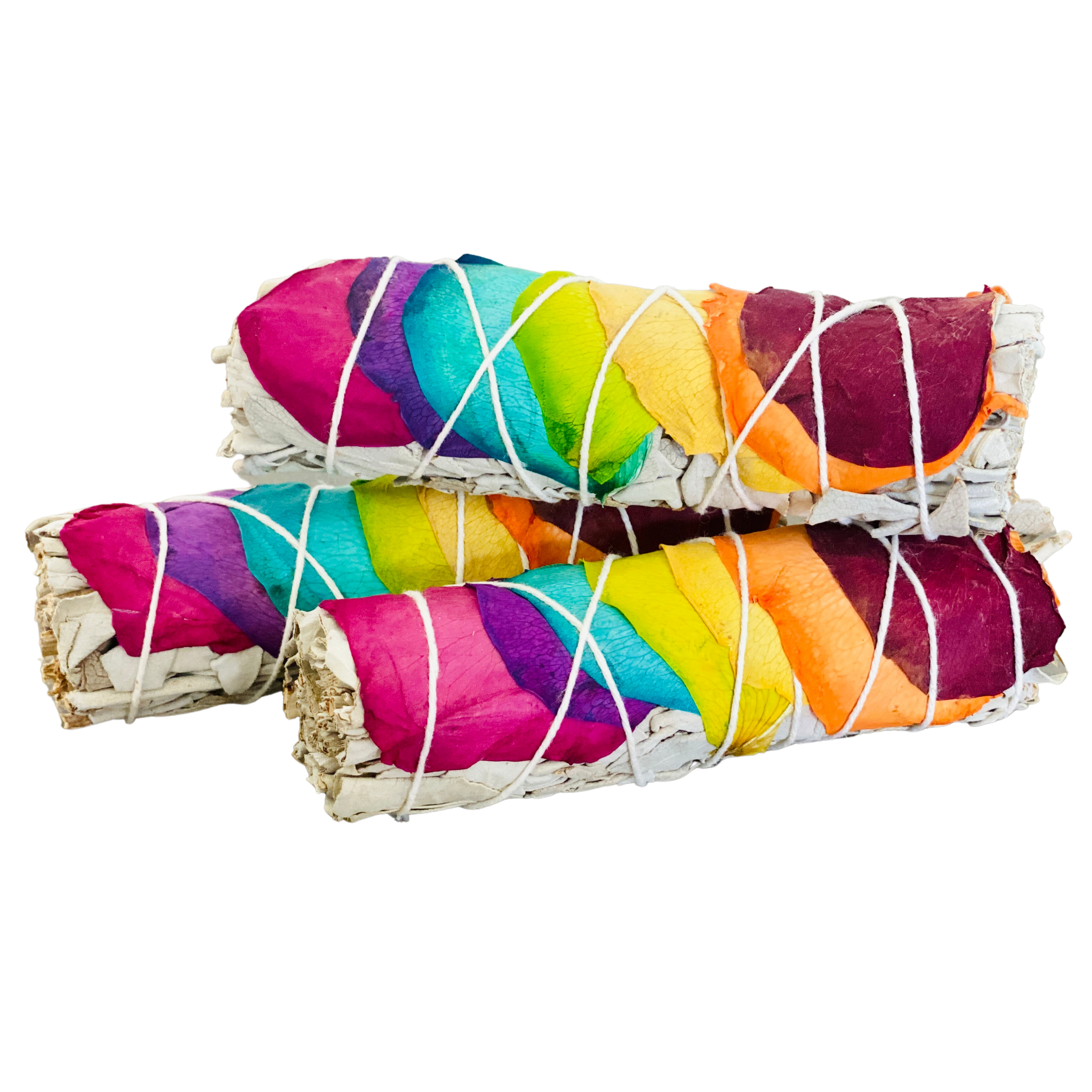 Rainbow Chakra White Sage Smudge Stick with Rose Petals | 4.5” Cleansing Sage