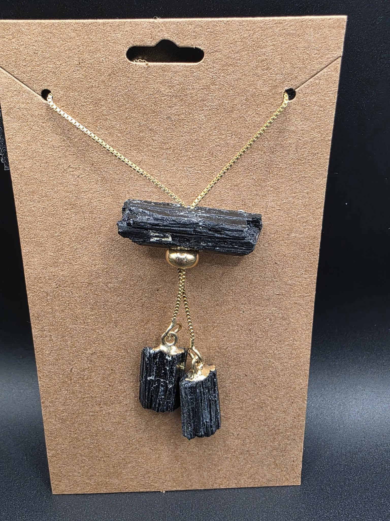 Black Tourmaline Triple Drop Intention Necklace – Gold Plated Chain Protection Pendant