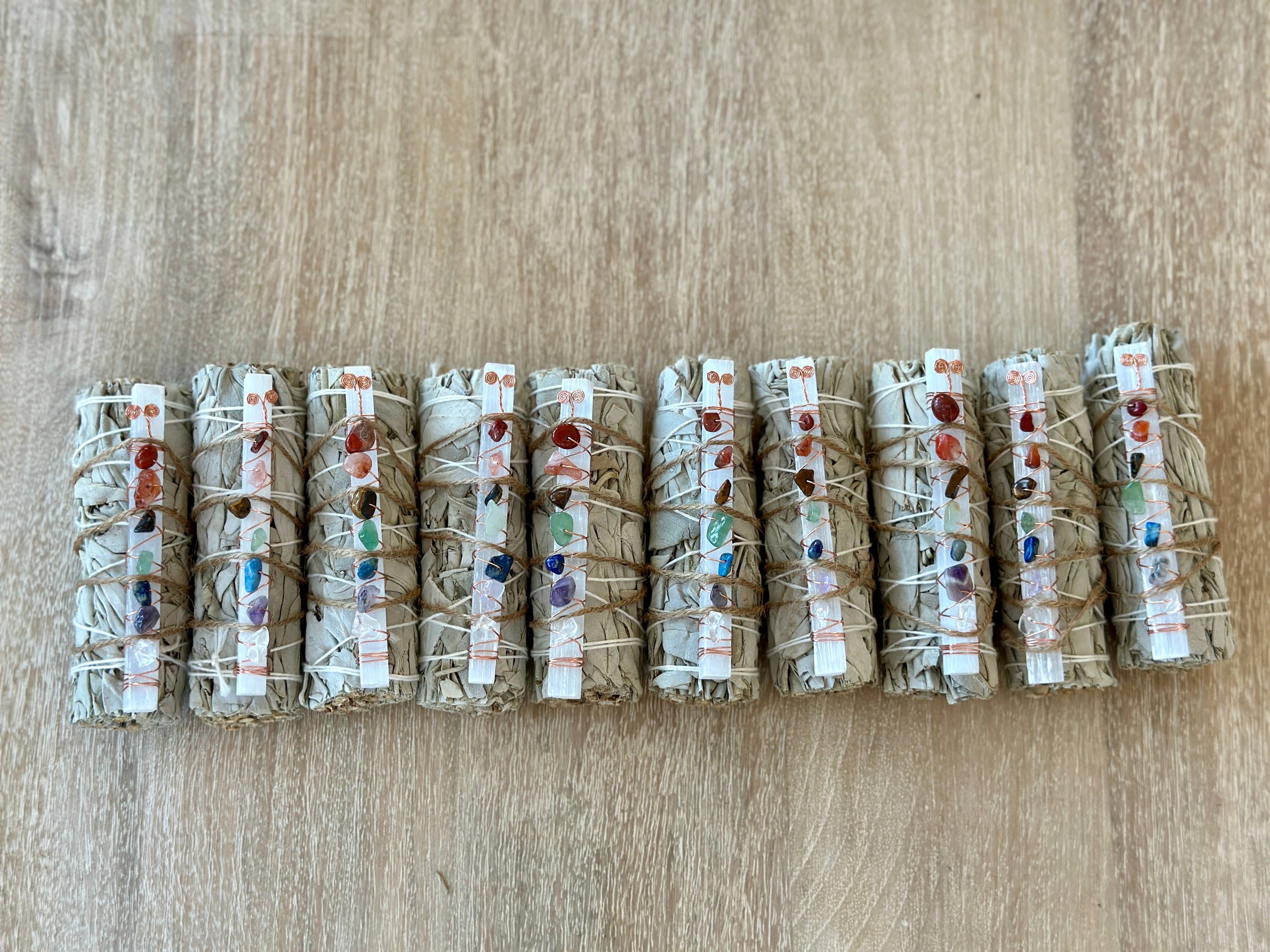 7 Chakra Selenite White Sage Smudge Stick | Chakra Crystal Cleansing Bundle