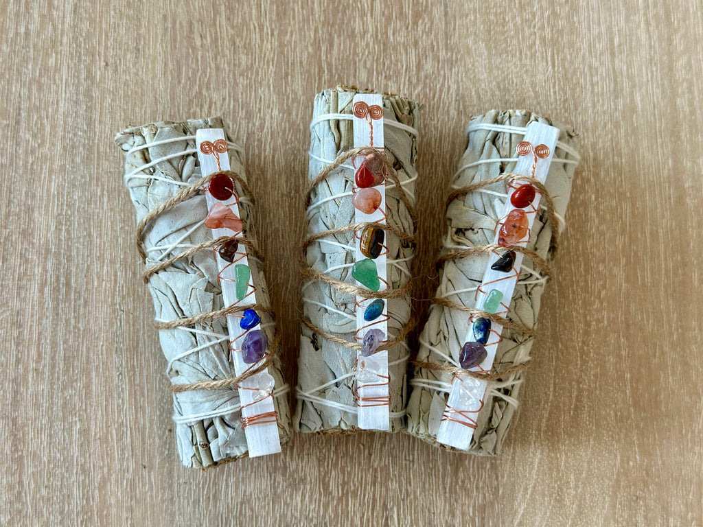 7 Chakra Selenite White Sage Smudge Stick | Chakra Crystal Cleansing Bundle