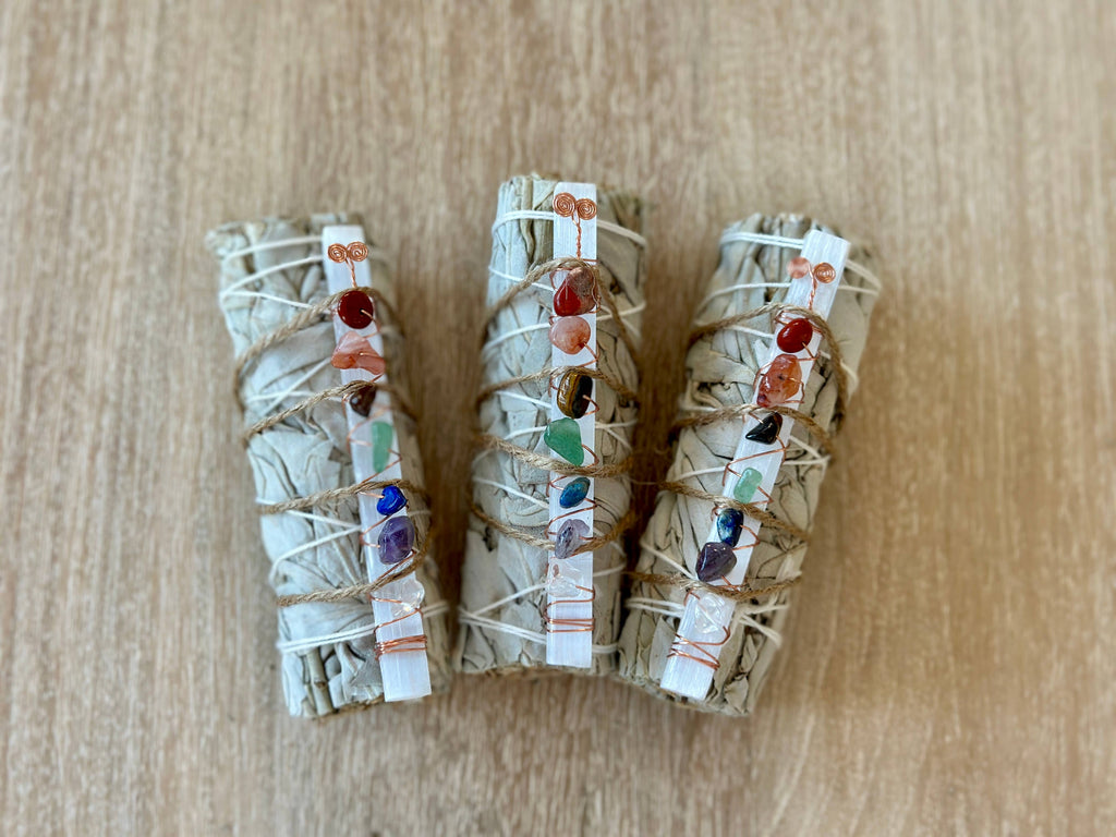 7 Chakra Selenite White Sage Smudge Stick | Chakra Crystal Cleansing Bundle