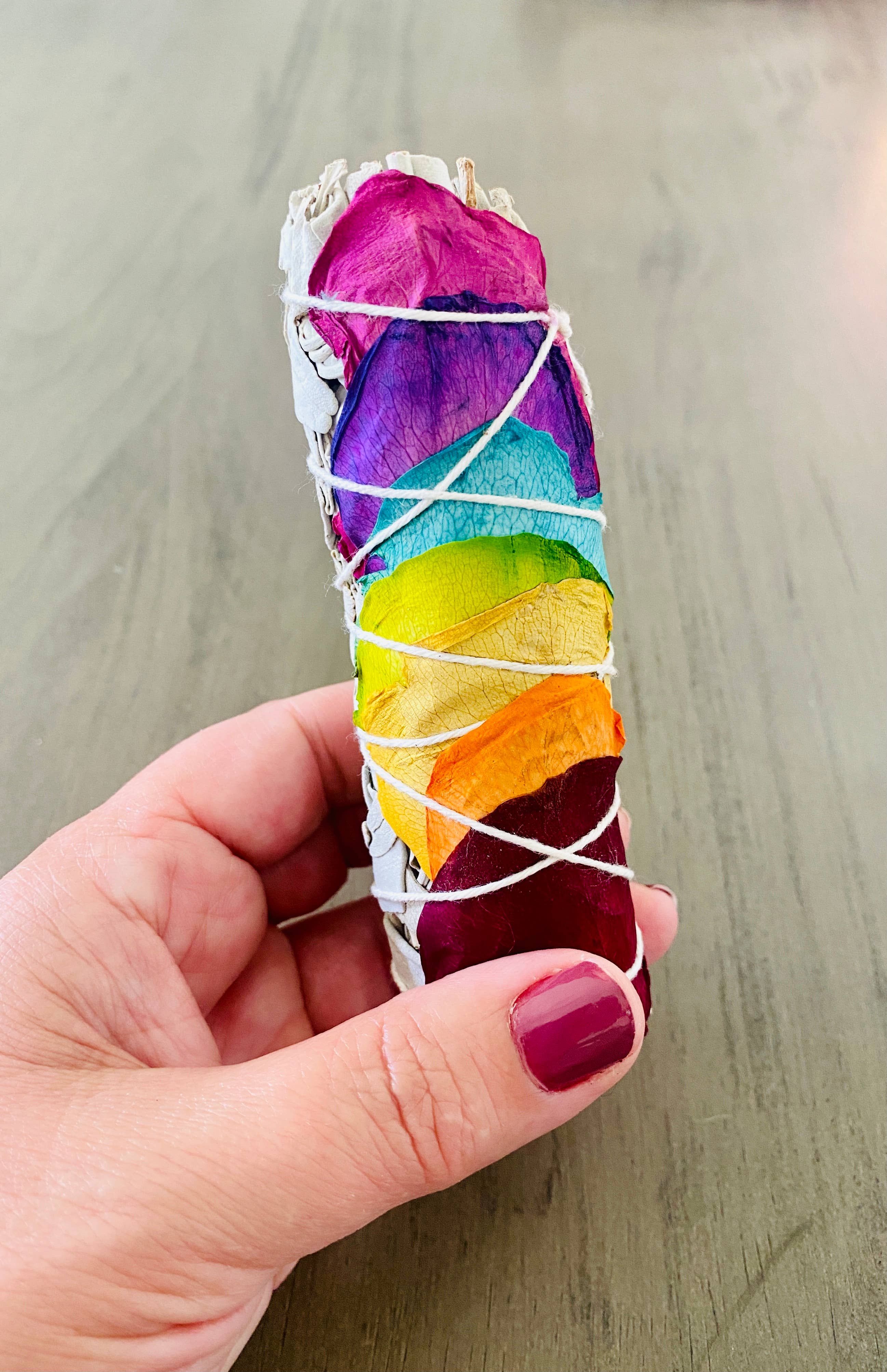 Rainbow Chakra White Sage Smudge Stick with Rose Petals | 4.5” Cleansing Sage
