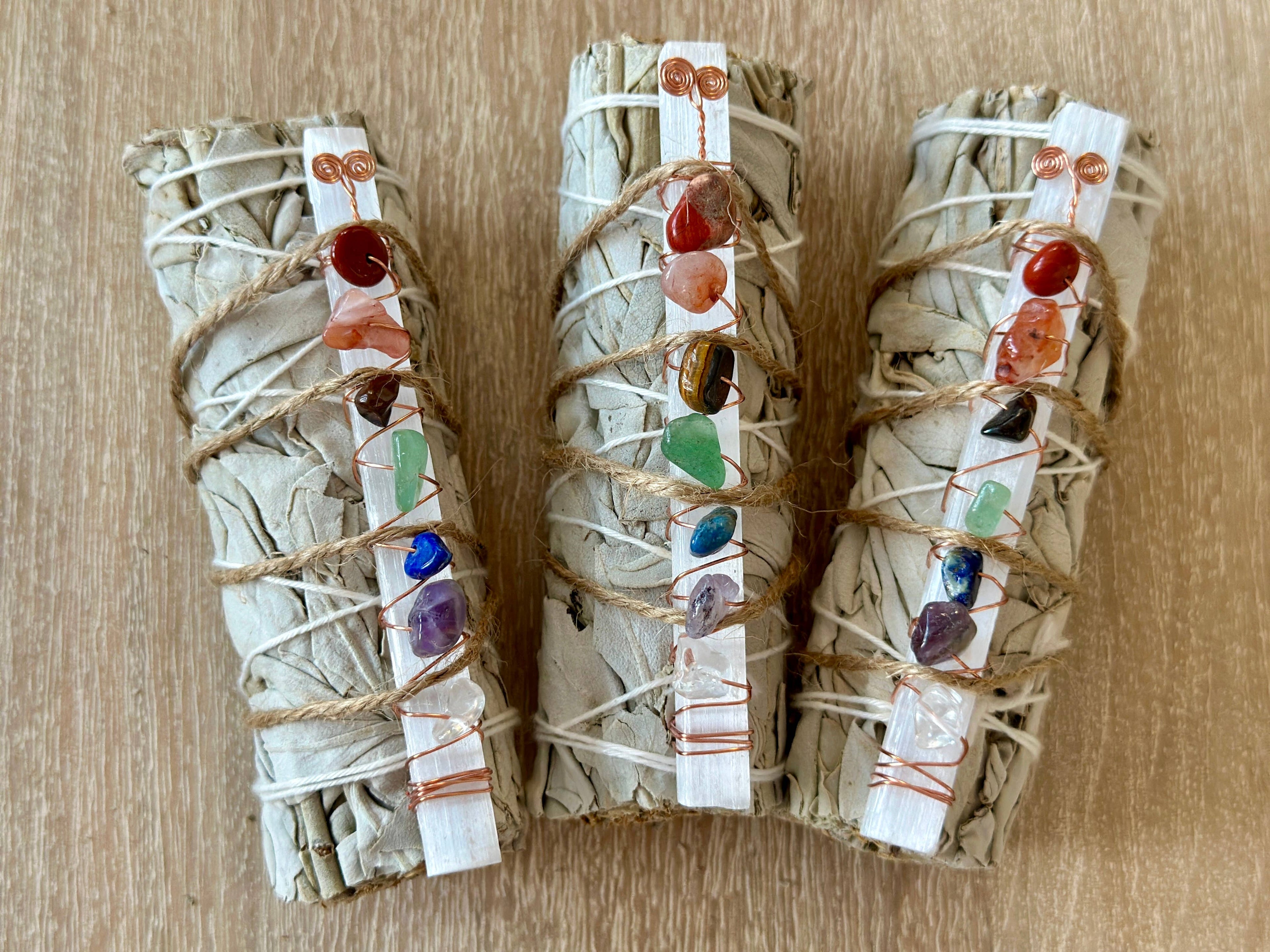 7 Chakra Selenite White Sage Smudge Stick | Chakra Crystal Cleansing Bundle