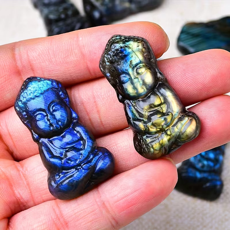 Labradorite Buddha Crystal Statue | Flat Back Mini Pocket Crystal Carving | Spiritual Home Decor Gift