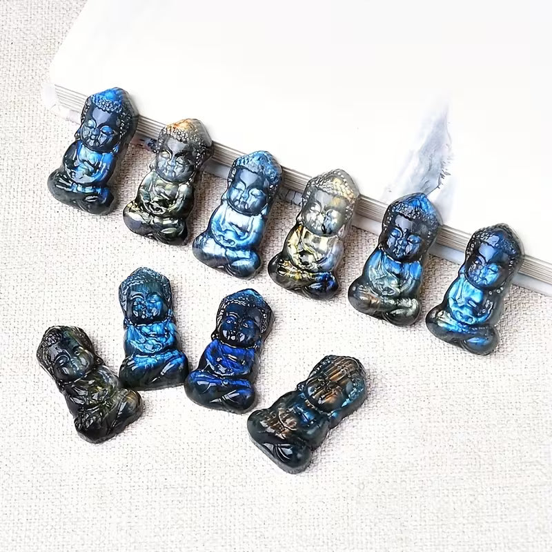 Labradorite Buddha Crystal Statue | Flat Back Mini Pocket Crystal Carving | Spiritual Home Decor Gift