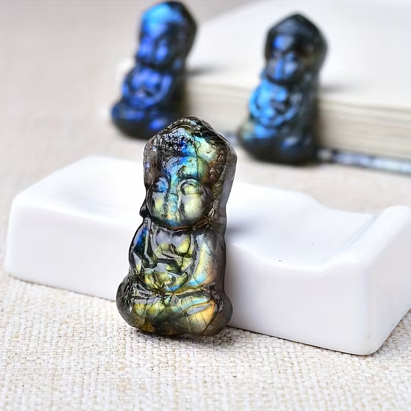 Labradorite Buddha Crystal Statue | Flat Back Mini Pocket Crystal Carving | Spiritual Home Decor Gift