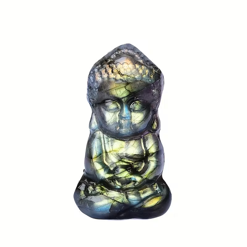 Labradorite Buddha Crystal Statue | Flat Back Mini Pocket Crystal Carving | Spiritual Home Decor Gift