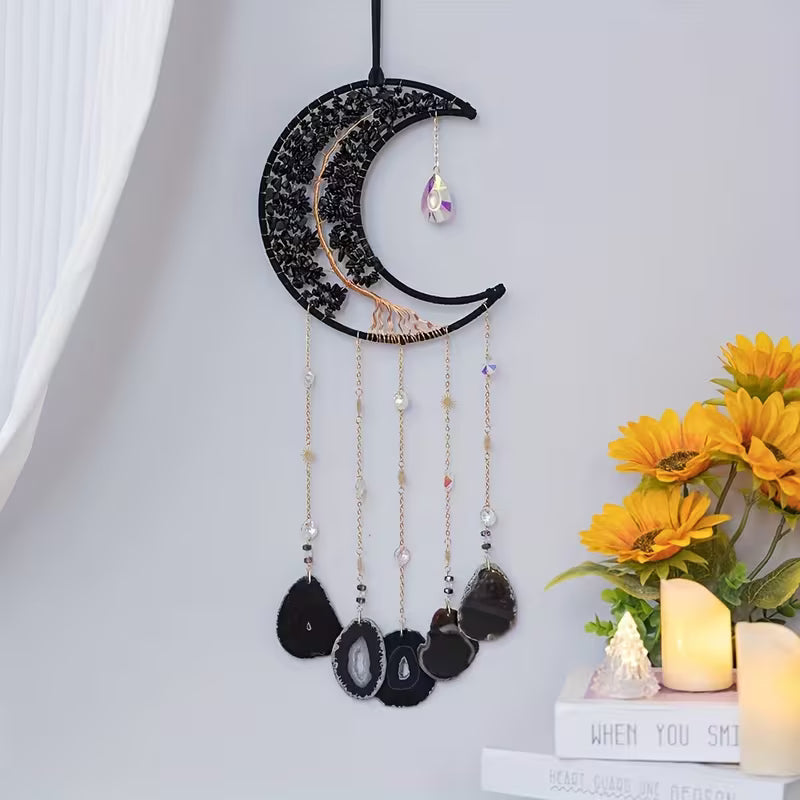 Obsidian Crescent Moon Wall Hanging with Tree of Life and Agate Slices | Crystal Celestial Wall Decor