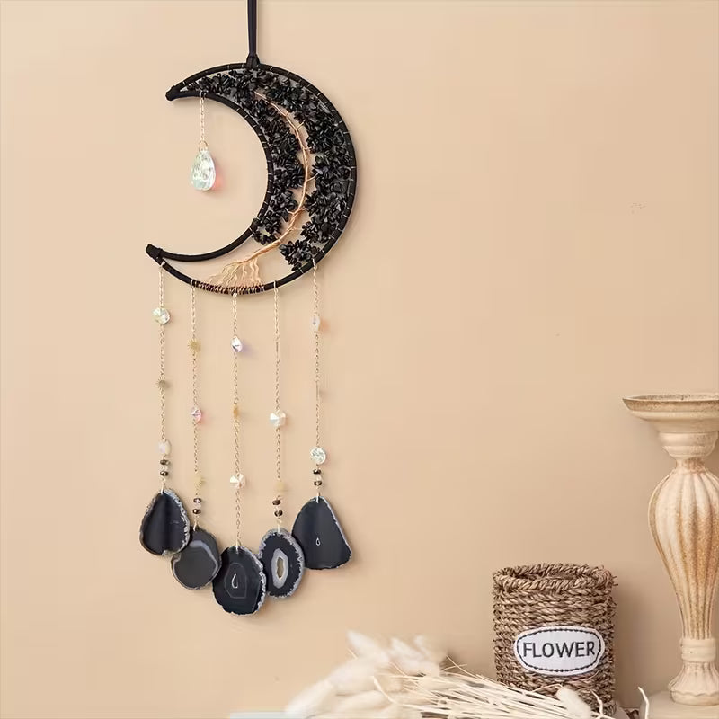 Obsidian Crescent Moon Wall Hanging with Tree of Life and Agate Slices | Crystal Celestial Wall Decor