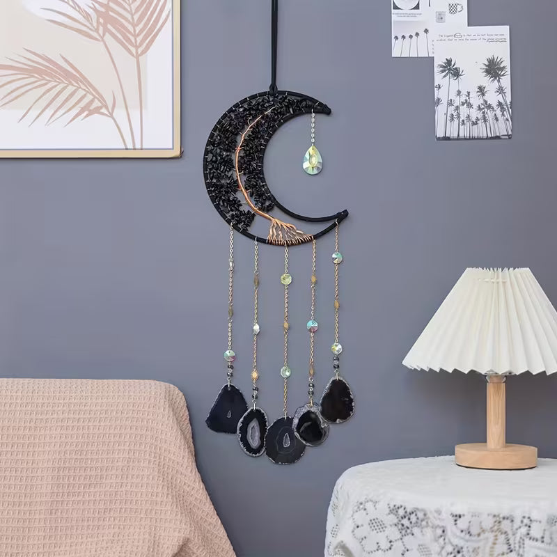 Obsidian Crescent Moon Wall Hanging with Tree of Life and Agate Slices | Crystal Celestial Wall Decor