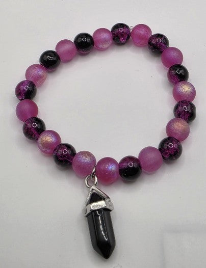 Pink & Black Intention Bracelet with Crystal Point Charm – Glass & Frosted Beads