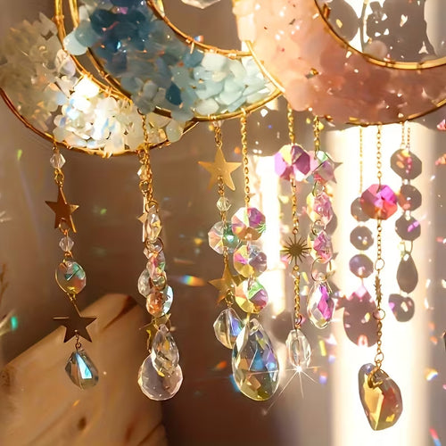 4-Piece Crescent Moon Crystal Light Catcher Set | Raw Crystal Chip Moon Sun Catchers with Prism Pendants