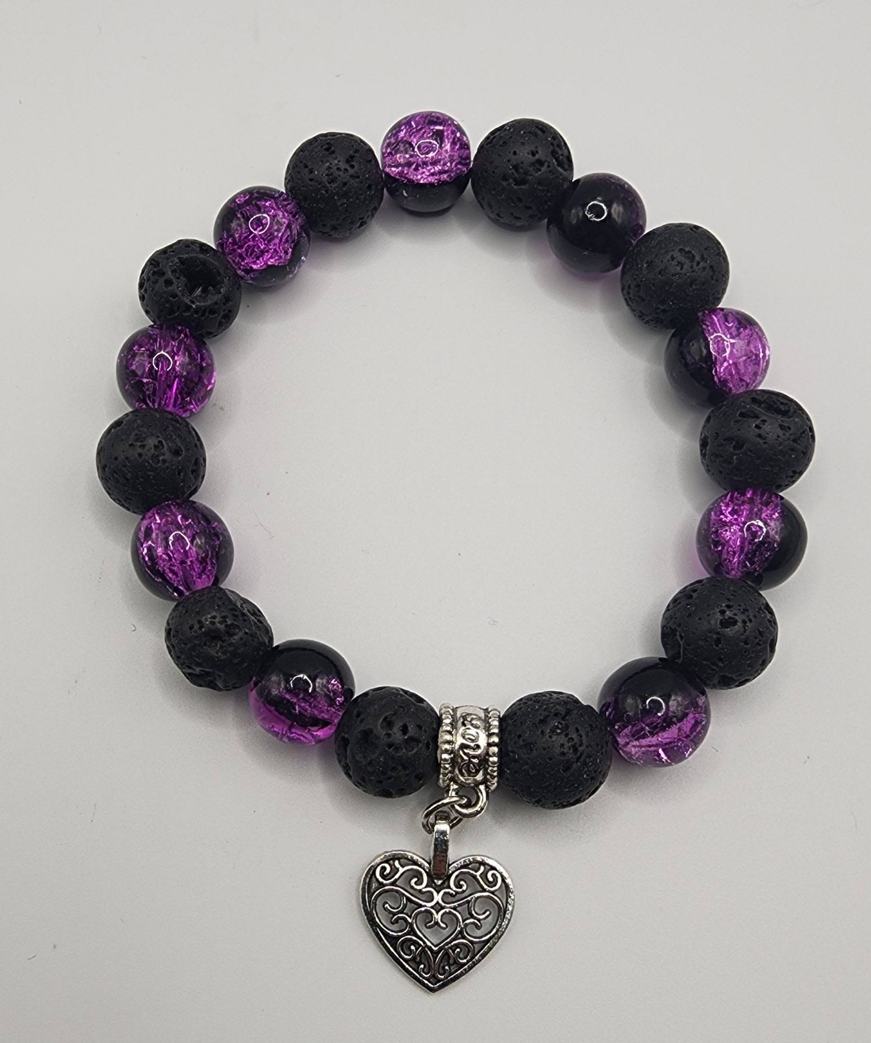 Purple Aura Glass & Lava Stone Intention Bracelet – Heart Charm – Protection & Emotional Healing