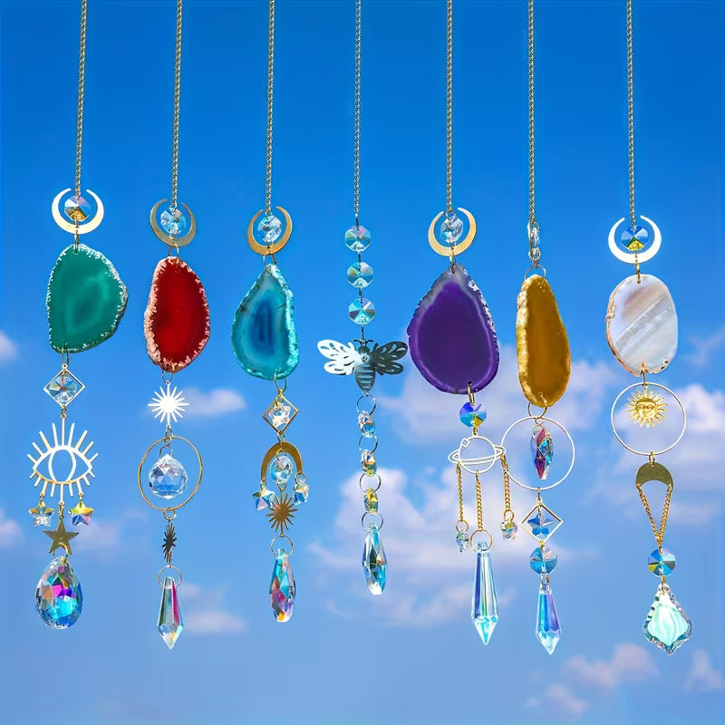 Crystal Light Catcher with Agate Slice and Prism Pendant | Hanging Sun Catcher | Celestial Window Decor