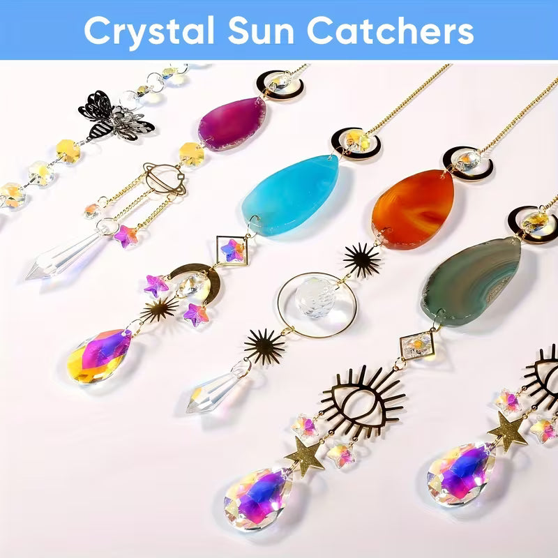 Crystal Light Catcher with Agate Slice and Prism Pendant | Hanging Sun Catcher | Celestial Window Decor