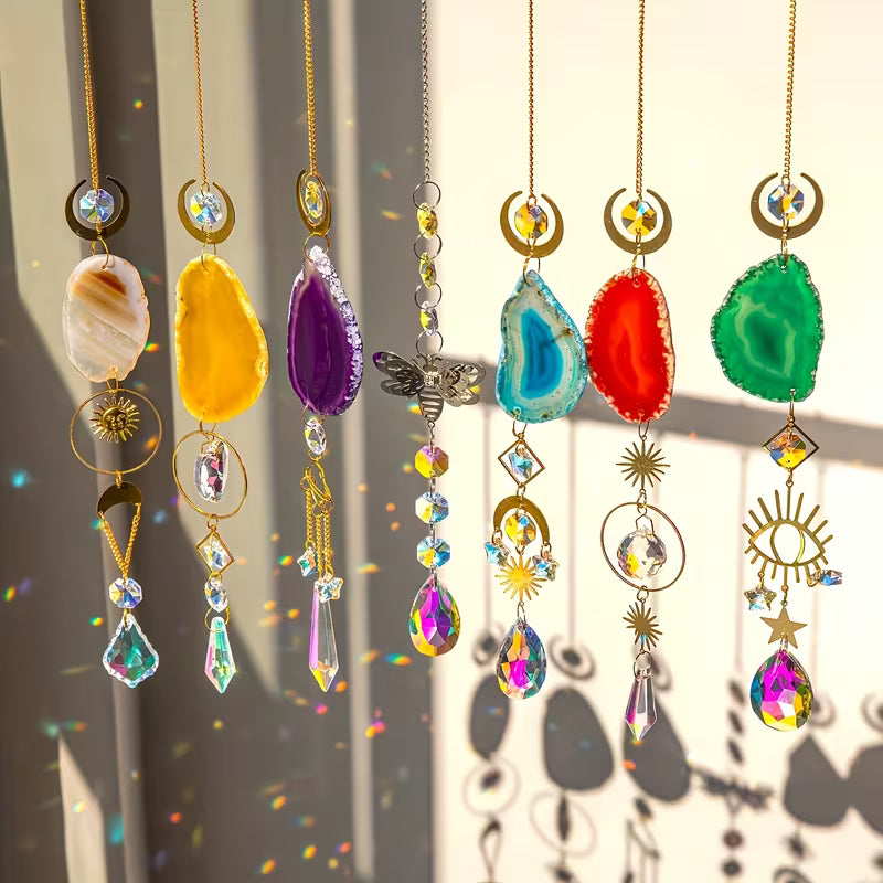 Crystal Light Catcher with Agate Slice and Prism Pendant | Hanging Sun Catcher | Celestial Window Decor