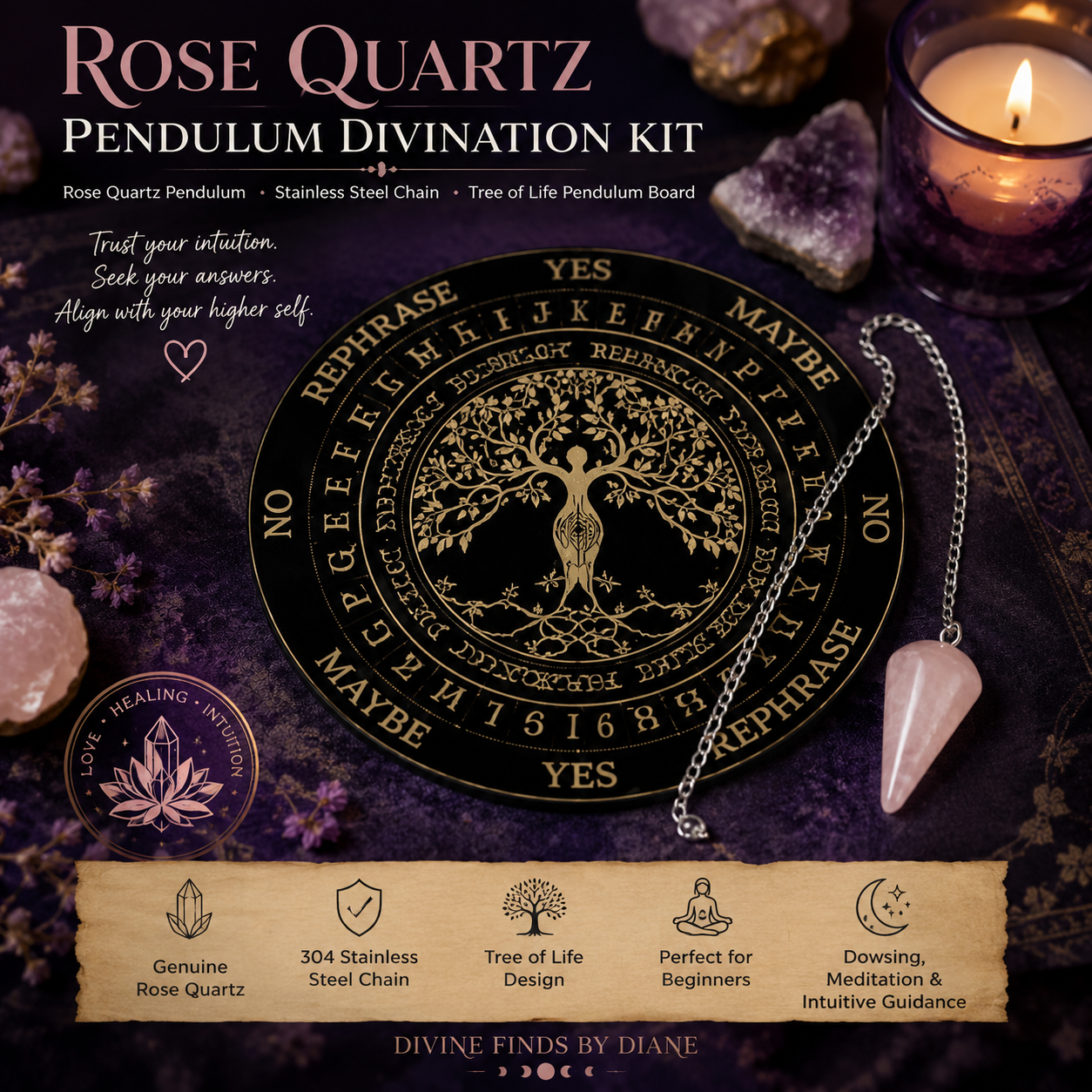 Rose Quartz Pendulum Divination Kit with Tree of Life Board