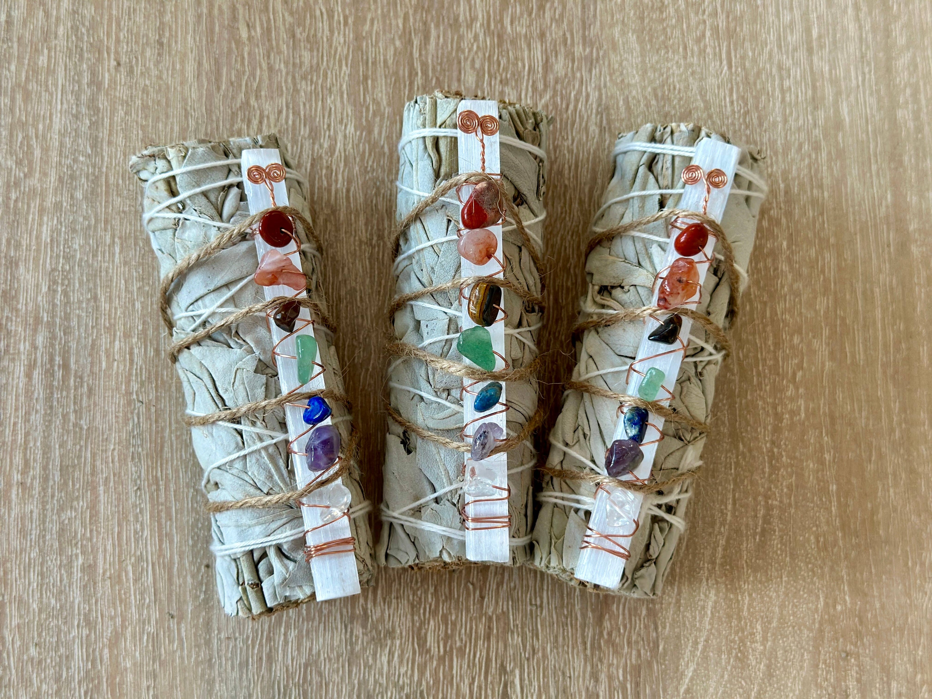 7 Chakra Selenite White Sage Smudge Stick | Chakra Crystal Cleansing Bundle