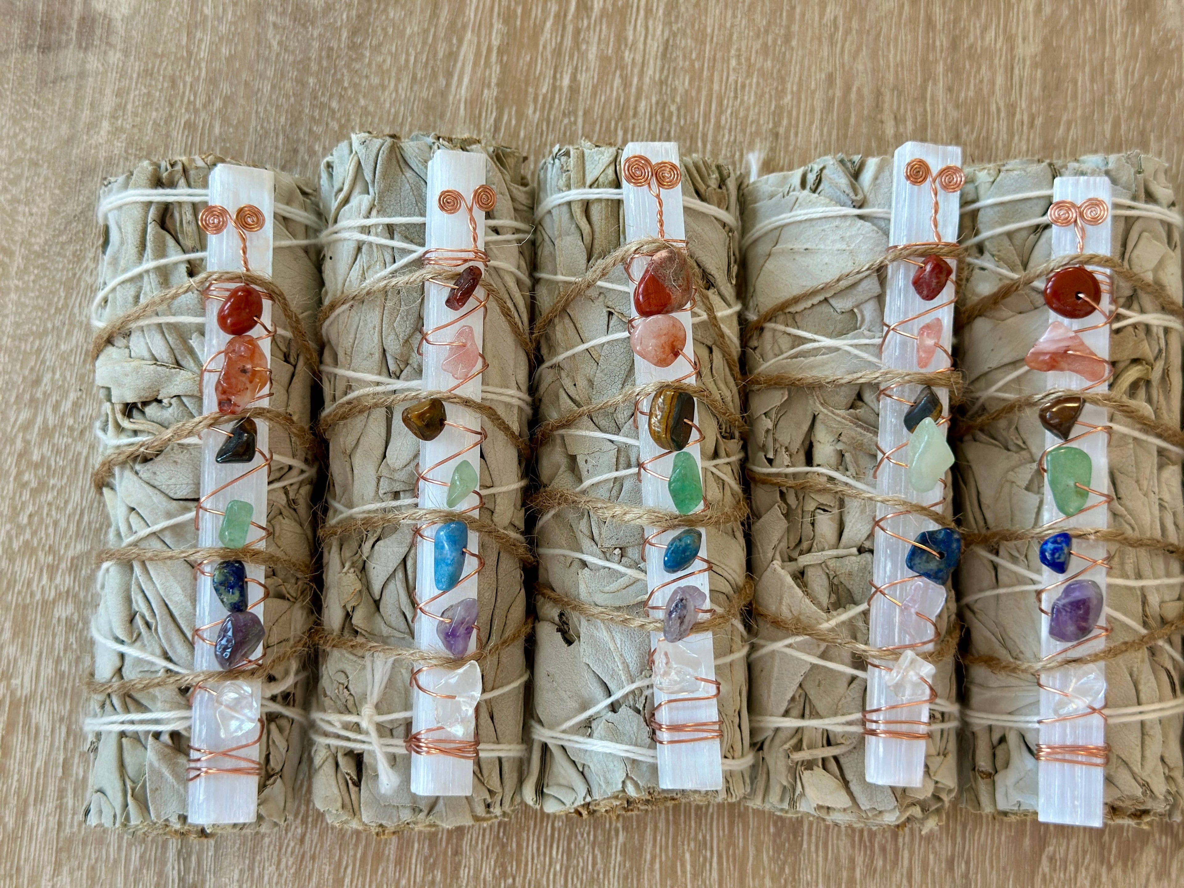 7 Chakra Selenite White Sage Smudge Stick | Chakra Crystal Cleansing Bundle