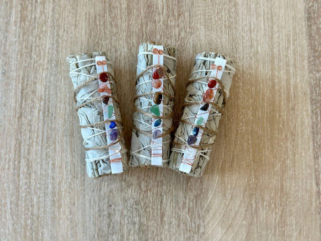 7 Chakra Selenite White Sage Smudge Stick | Chakra Crystal Cleansing Bundle
