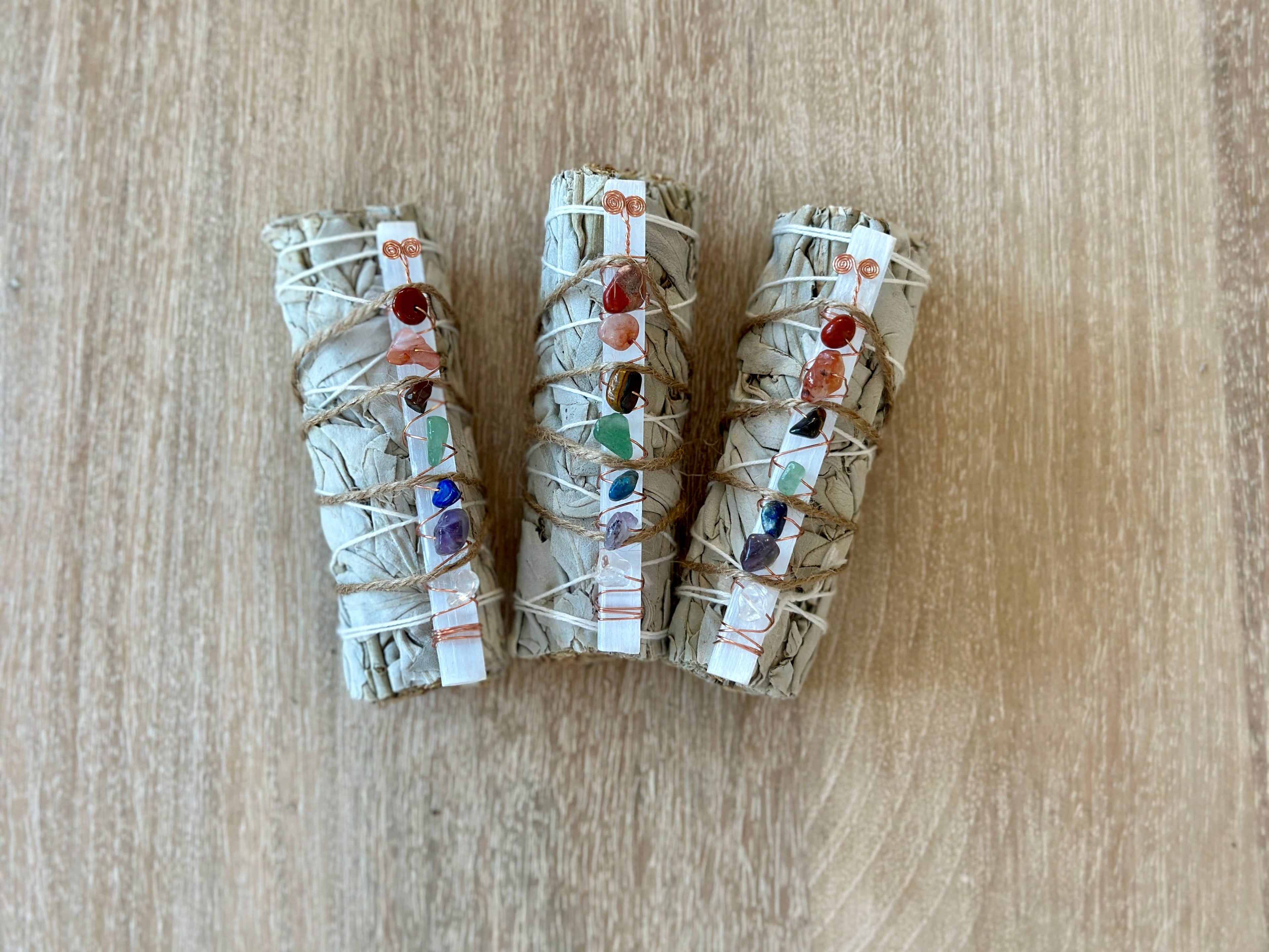 7 Chakra Selenite White Sage Smudge Stick | Chakra Crystal Cleansing Bundle