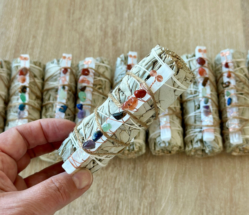 7 Chakra Selenite White Sage Smudge Stick | Chakra Crystal Cleansing Bundle