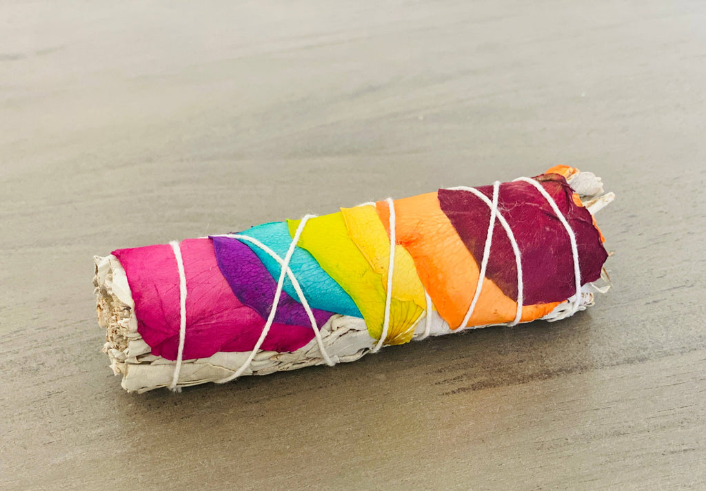 Rainbow Chakra White Sage Smudge Stick with Rose Petals | 4.5” Cleansing Sage