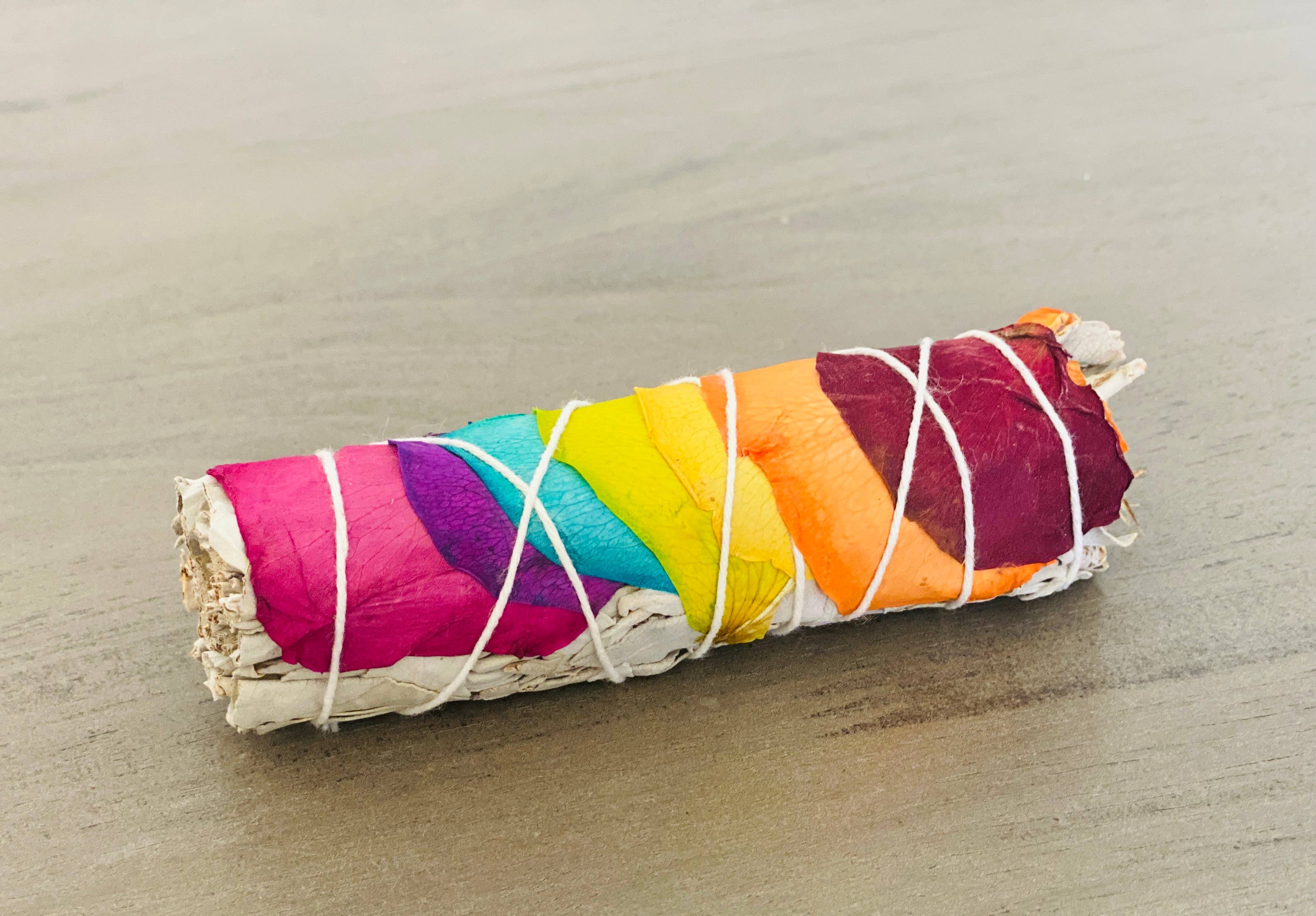 Rainbow Chakra White Sage Smudge Stick with Rose Petals | 4.5” Cleansing Sage