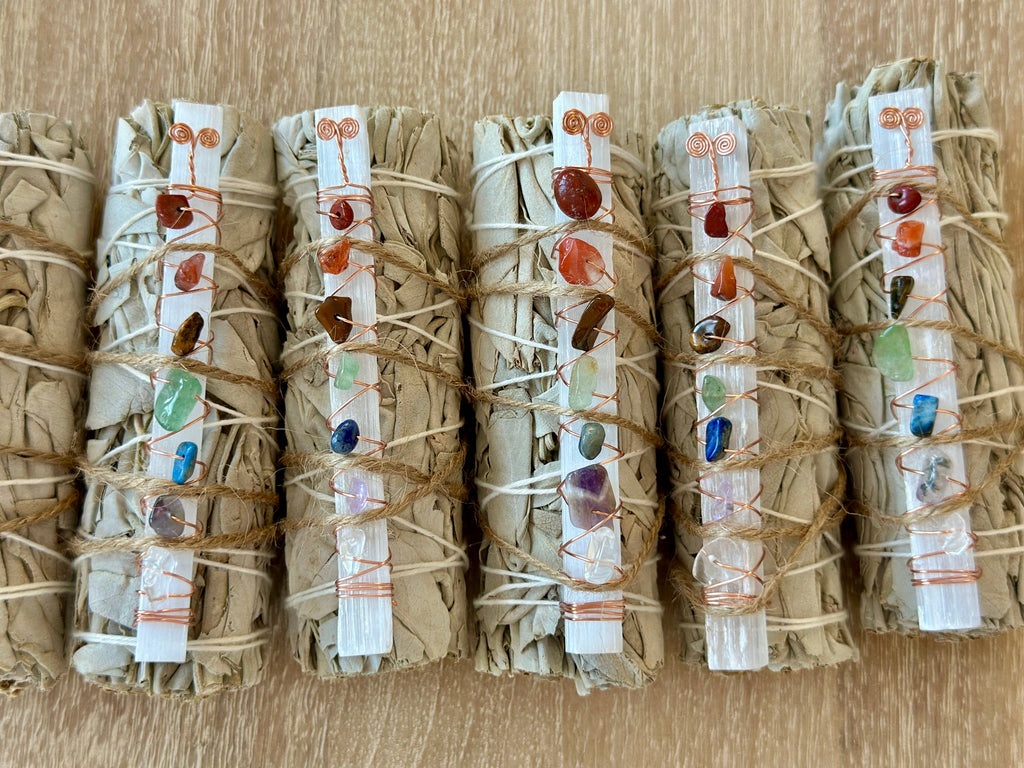 7 Chakra Selenite White Sage Smudge Stick | Chakra Crystal Cleansing Bundle