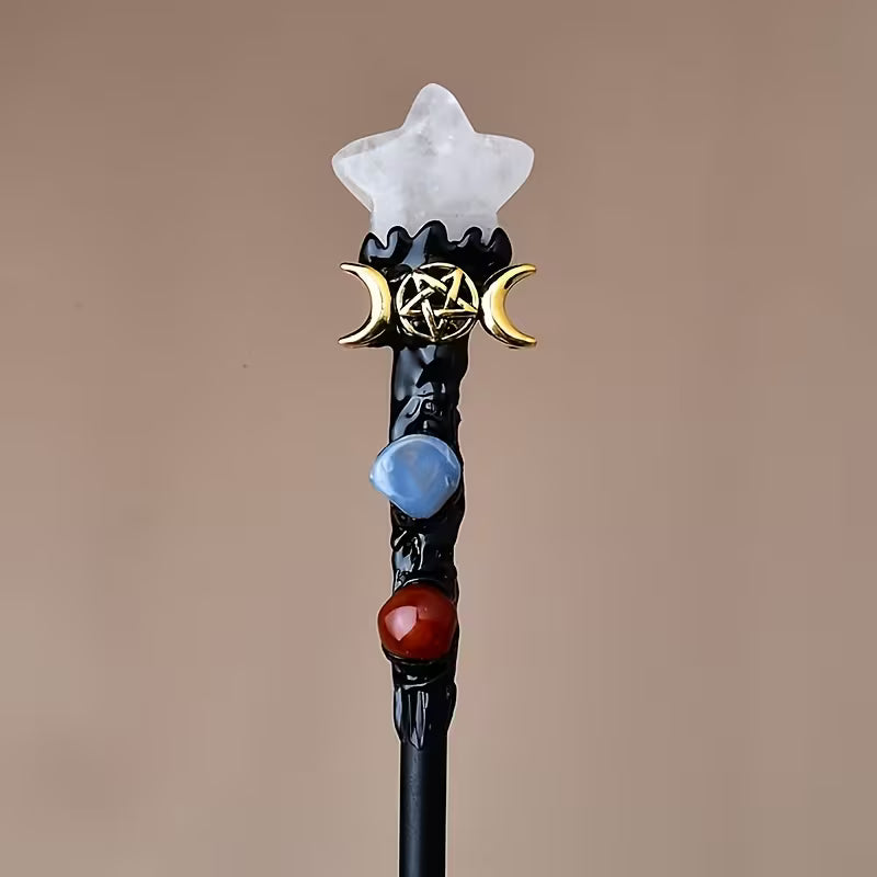 Crystal Moon and Star Magic Wand | Handmade Wooden Wand with Crystal Accents | Spiritual Decor and Ritual Tool