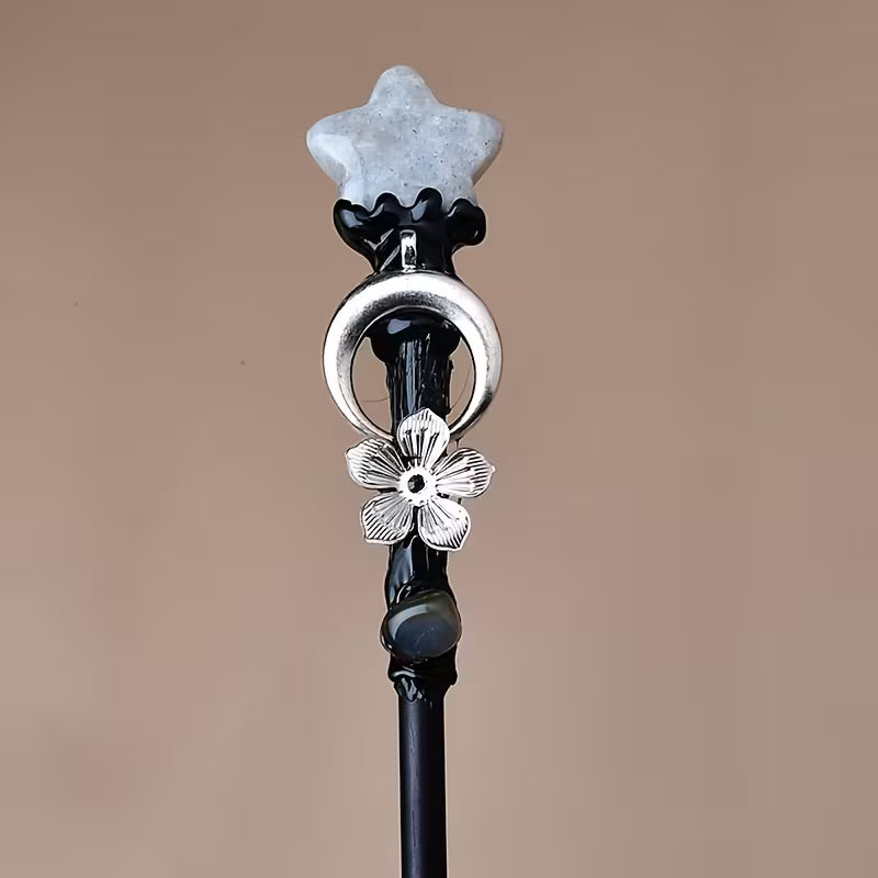 Crystal Moon and Star Magic Wand | Handmade Wooden Wand with Crystal Accents | Spiritual Decor and Ritual Tool