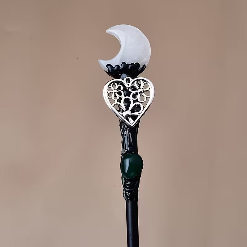 Crystal Moon and Star Magic Wand | Handmade Wooden Wand with Crystal Accents | Spiritual Decor and Ritual Tool