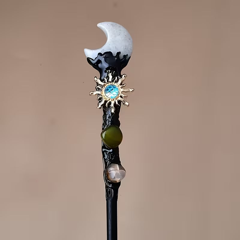 Crystal Moon and Star Magic Wand | Handmade Wooden Wand with Crystal Accents | Spiritual Decor and Ritual Tool